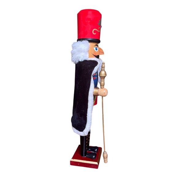 Lg Wooden Nutcracker King Staff & Cape Festive Holiday Decor Red Green Black 24" - Picture 2 of 6